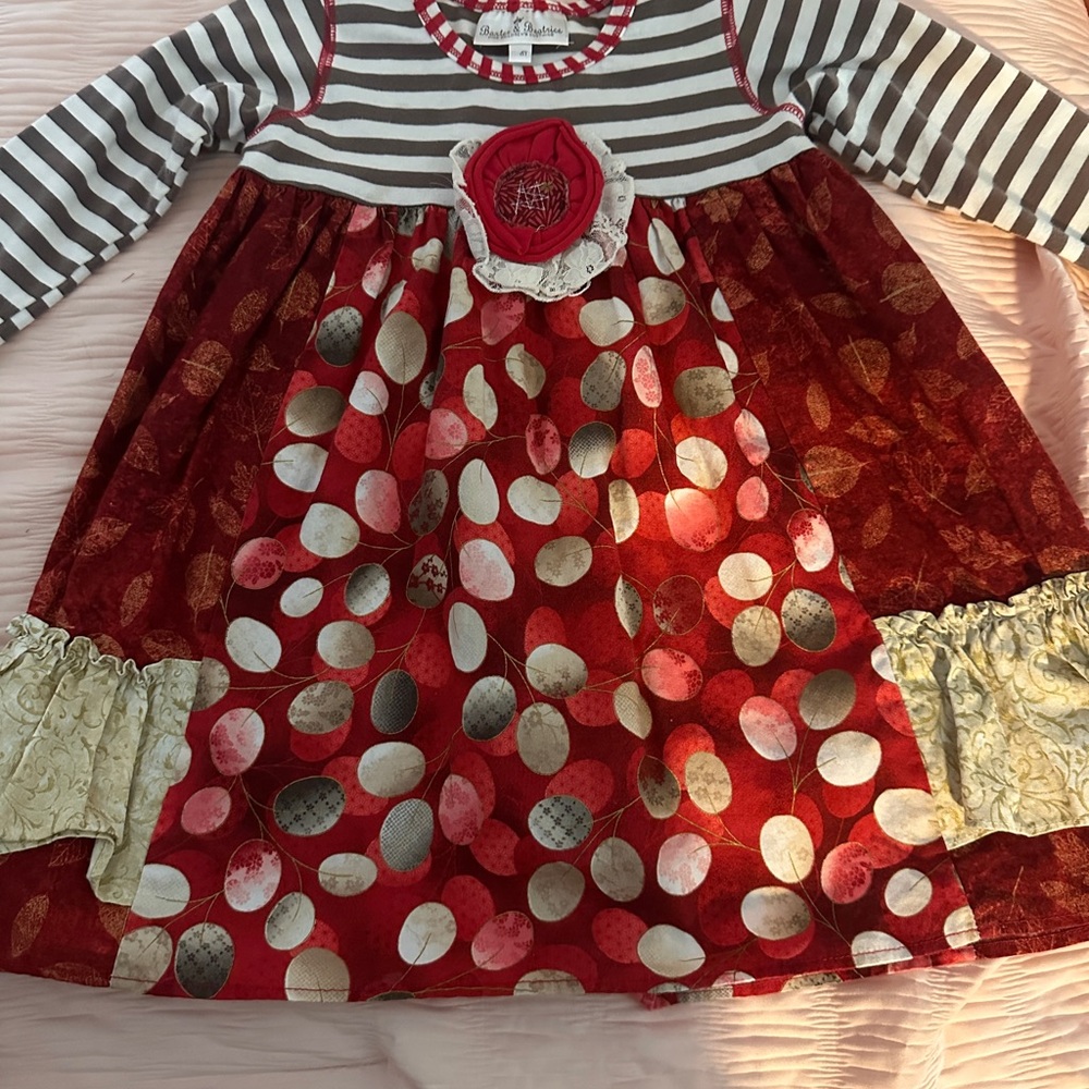 Red and Gray Long Sleeve Dress with Floral Accent